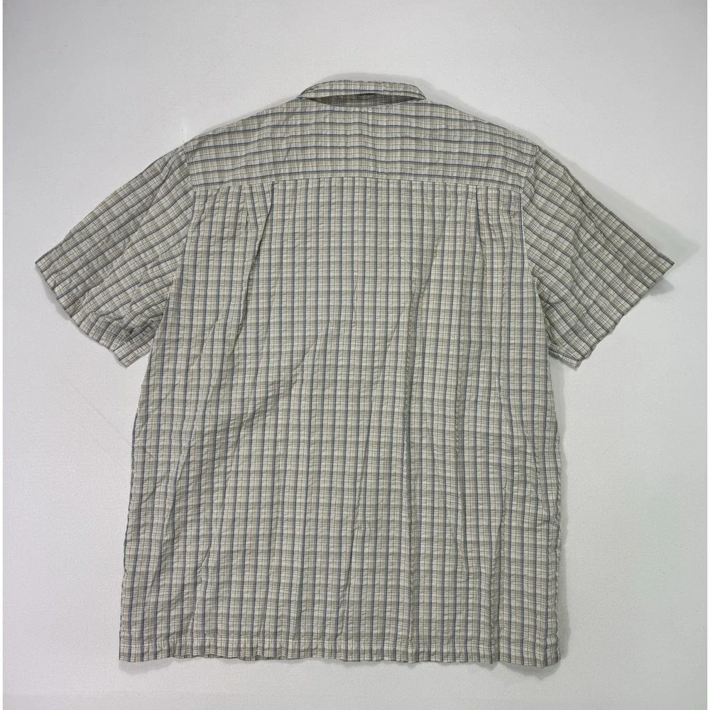 The North Face Men's XL Beige Blue Plaid Seersucker Button Shirt Hiking Outdoor